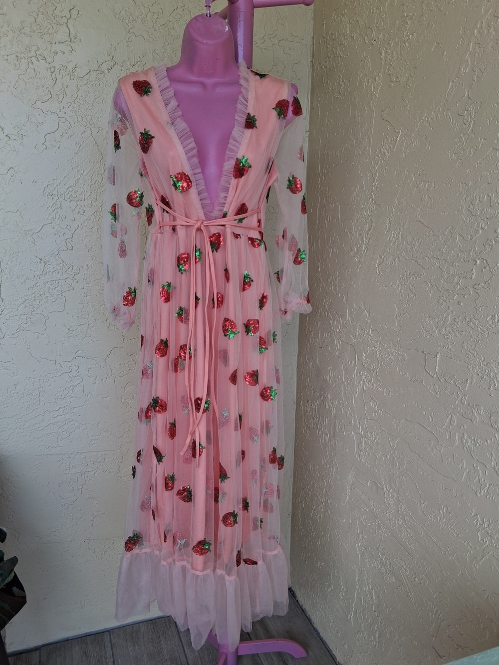 Sheer Pink Strawberry Embroidered Occasion Dress